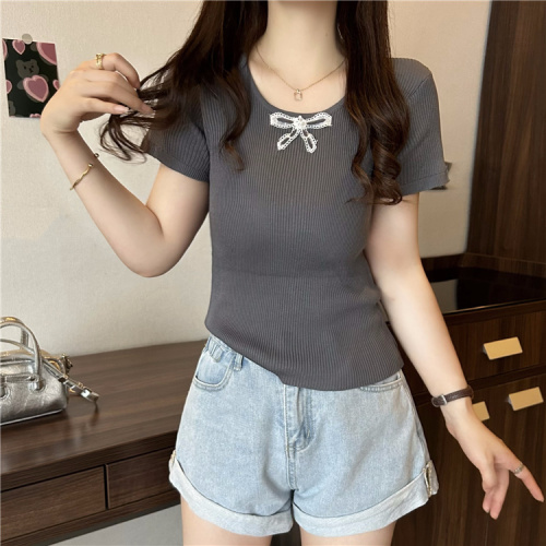 Real shot~Summer new round neck three-dimensional bow slim knitted short-sleeved top