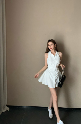 Real shot of sexy hot girl in pure lust style waist-cinching sleeveless vest shirt dress