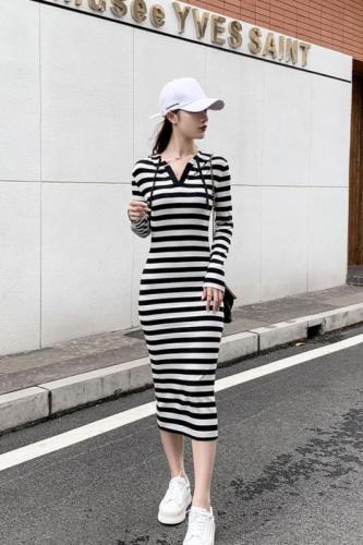 Spring and summer new style black and white striped long over-the-knee sweatshirt dress slim hooded slim hip-hugging long skirt