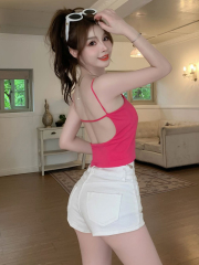 Actual shot of 9-color versatile candy-colored beautiful back-tie spaghetti strap suspender top for inner wear and outer wear