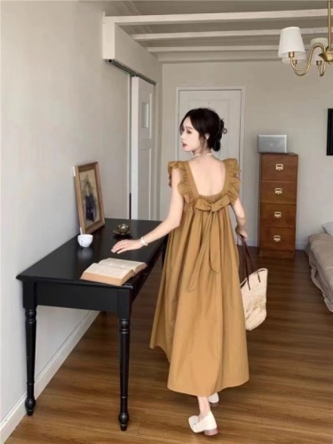 Feifei sleeve dress women's bow strap design French style backless long skirt