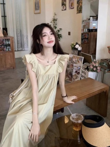 Bow tie backless skirt seaside skirt women's French temperament square neck small flying sleeve dress vacation style long skirt