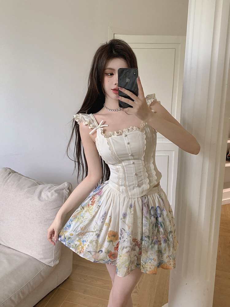Real shot of retro girly satin waisted fishbone suspender top oil painting printed skirt