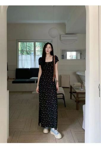 70 is not 70 French floral dress women's long-sleeved early spring new style drapey slit hip-covering suspender long skirt