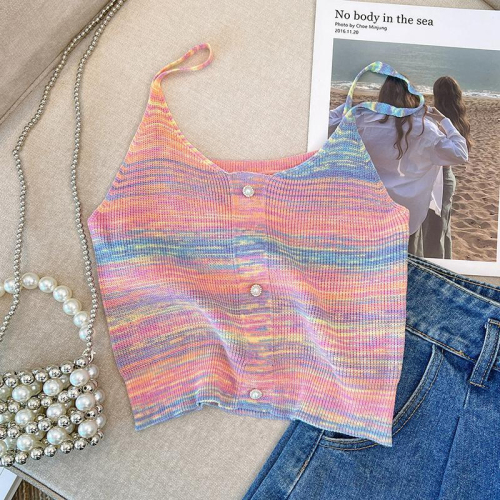 Tmall quality 2024 new sweet hot girl rainbow striped knitted suspender women's summer outer top