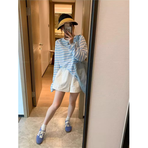 Round neck striped long-sleeved T-shirt for women 2024 summer new Korean style loose casual slimming upper thin sun protection blouse