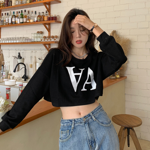 5026#Real shot of spring and autumn sweatshirt women's pullover letter print short loose navel-baring round neck long-sleeved top for women