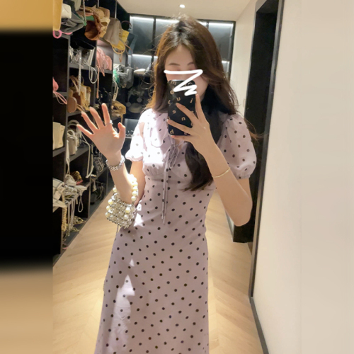 2024 New Little French Purple Polka Dot Dress Women's Summer Gentle Wind Puff Sleeve Waist Long Dress