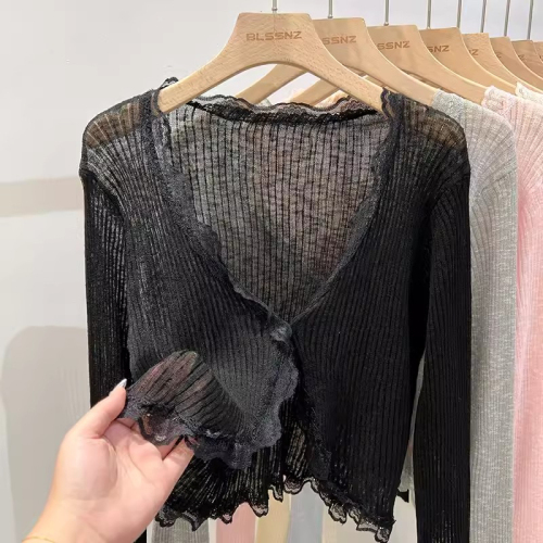 V-neck wood ear edge ice silk knitted sun protection open jacket for women, summer thin version, outerwear, matching with skirts, blazer, air-conditioned shirt