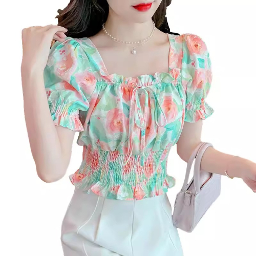 Original workmanship floral chiffon summer short-sleeved women's 2024 beautiful small shirt waist waist fashionable chic short top