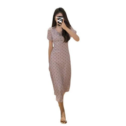 2024 New Little French Purple Polka Dot Dress Women's Summer Gentle Wind Puff Sleeve Waist Long Dress