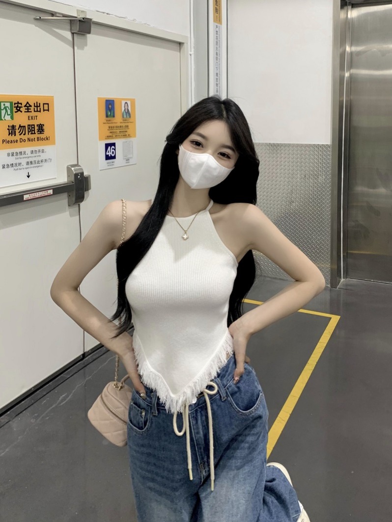 Tmall quality 2024 new niche halter neck tassel top irregular knitted small suspender inner wear for women