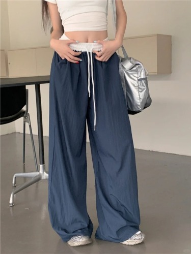 Internet celebrity 2024 spring and summer new style retro American splicing contrasting wide-legged loose casual thin trousers trend