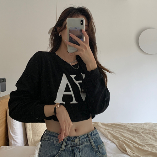 5026#Real shot of spring and autumn sweatshirt women's pullover letter print short loose navel-baring round neck long-sleeved top for women