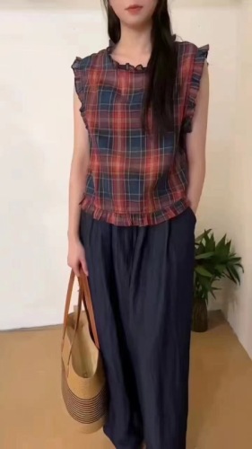 2024 summer new design plaid shirt with fungus, retro temperament top, fashionable and western-style women