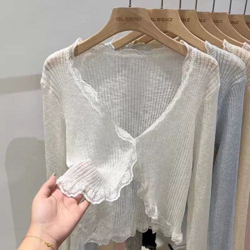 V-neck wood ear edge ice silk knitted sun protection open jacket for women, summer thin version, outerwear, matching with skirts, blazer, air-conditioned shirt
