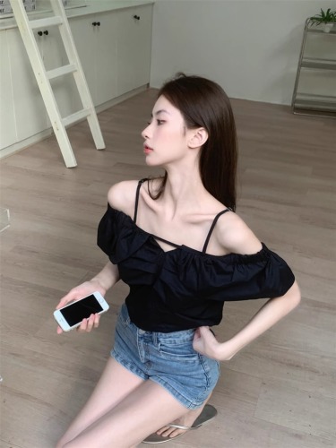 Actual shot Korean style slimming short suspender collar shirt versatile student casual top