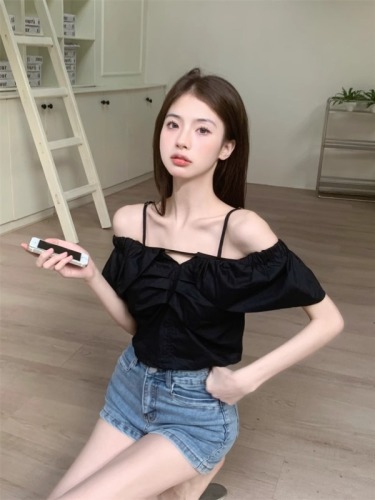 Actual shot Korean style slimming short suspender collar shirt versatile student casual top