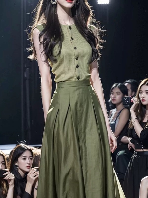 Ole Xiaoxiang ladylike style high-end small dress green vest top half skirt suit for women