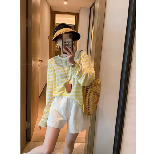 Round neck striped long-sleeved T-shirt for women 2024 summer new Korean style loose casual slimming upper thin sun protection blouse