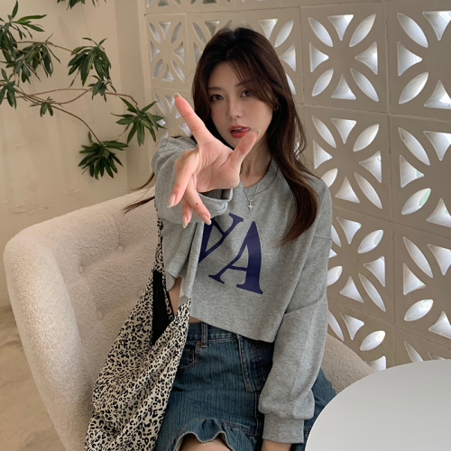 5026#Real shot of spring and autumn sweatshirt women's pullover letter print short loose navel-baring round neck long-sleeved top for women