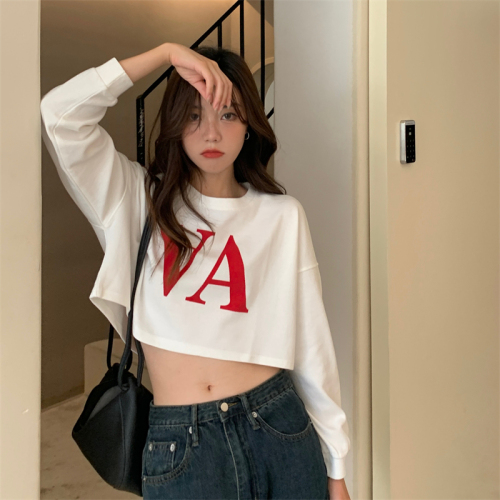 5026#Real shot of spring and autumn sweatshirt women's pullover letter print short loose navel-baring round neck long-sleeved top for women