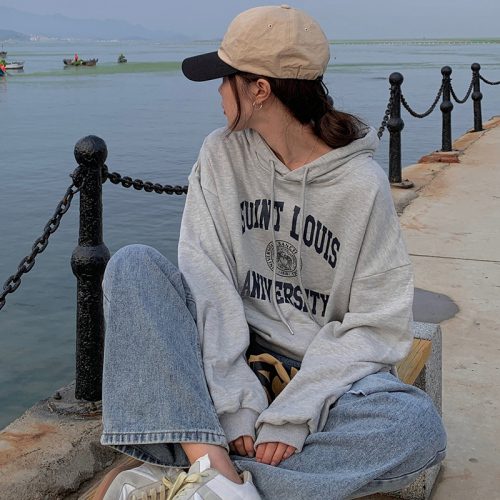 3015#Real Shot 65 Fish Scale Double-layer Hat Spring and Autumn New Loose Printed Hooded Sweatshirt Female Student Top