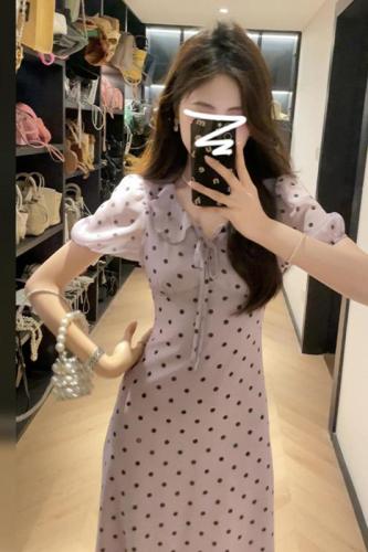 2024 New Little French Purple Polka Dot Dress Women's Summer Gentle Wind Puff Sleeve Waist Long Dress