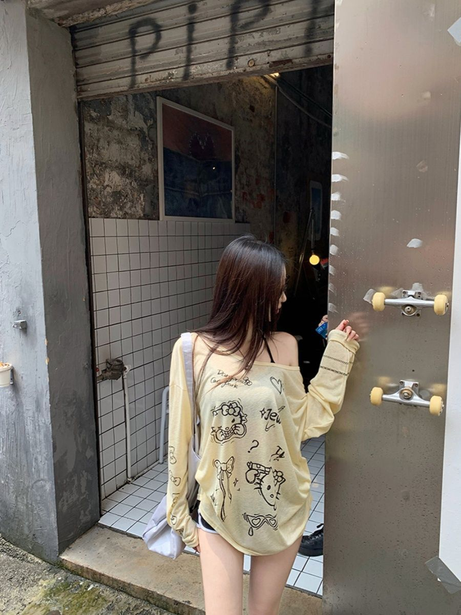 Original Tencel Linen Casual Yellow Long-Sleeve Design-Savvy Niche Off-the-Shoulder Loose Thin-Sleeve Sun Protection Blouse Top