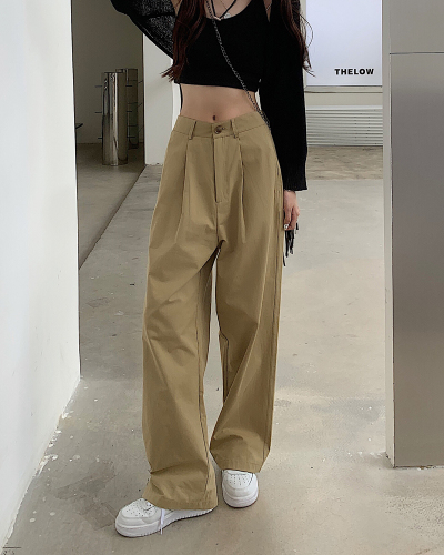 Actual shot of trousers, early autumn high-waisted straight trousers, Korean style loose, casual, versatile wide-leg work trousers