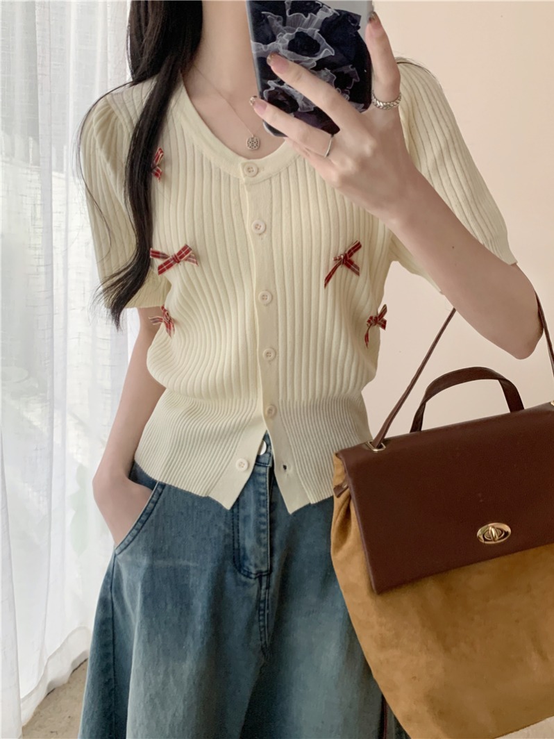 Real shot, real summer sweet bow-knot slimming short-sleeved knitted cardigan