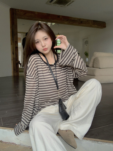 Tencel thread lazy style striped v-neck long-sleeved T-shirt women's summer mid-length loose pullover trendy top