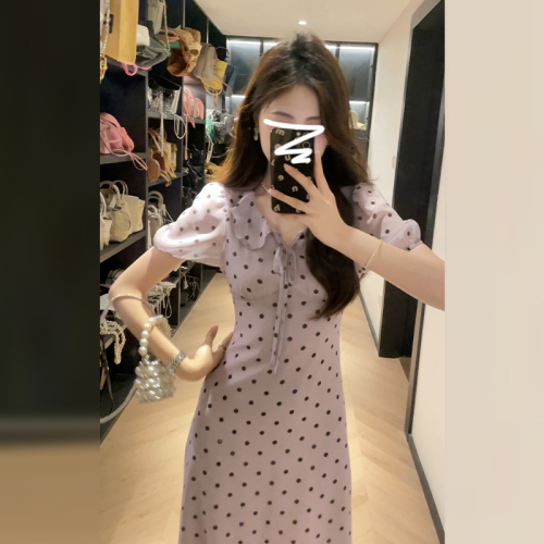 2024 New Little French Purple Polka Dot Dress Women's Summer Gentle Wind Puff Sleeve Waist Long Dress