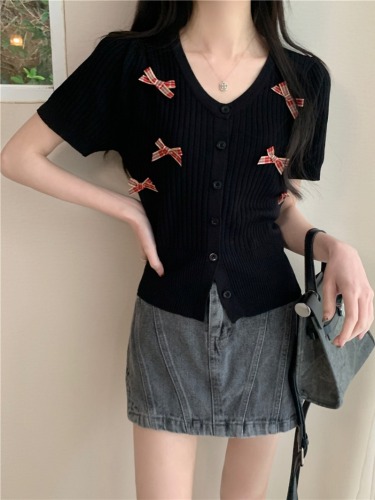 Real shot, real summer sweet bow-knot slimming short-sleeved knitted cardigan for women