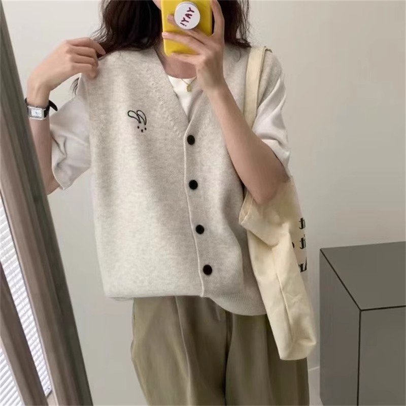 韓版針織毛衣馬甲女2024春秋刺繡無袖疊穿圓領顯瘦外穿背心開衫