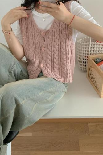 Real shot pink twist knitted cardigan vest for women spring and autumn Korean style small sweater vest outer short top