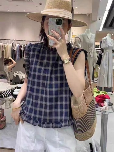 2024 summer new design plaid shirt with fungus, retro temperament top, fashionable and western-style women