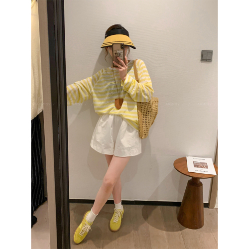 Round neck striped long-sleeved T-shirt for women 2024 summer new Korean style loose casual slimming upper thin sun protection blouse