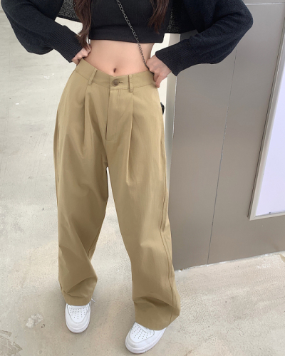 Actual shot of trousers, early autumn high-waisted straight trousers, Korean style loose, casual, versatile wide-leg work trousers