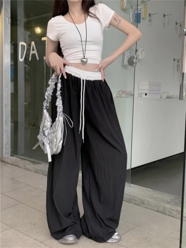 Internet celebrity 2024 spring and summer new style retro American splicing contrasting wide-legged loose casual thin trousers trend