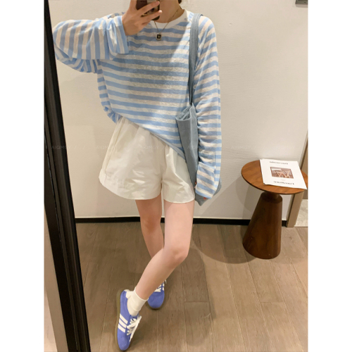 Round neck striped long-sleeved T-shirt for women 2024 summer new Korean style loose casual slimming upper thin sun protection blouse