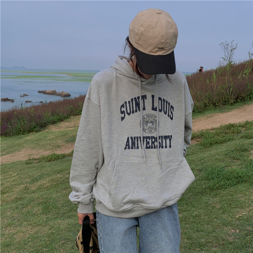 3015#Real Shot 65 Fish Scale Double-layer Hat Spring and Autumn New Loose Printed Hooded Sweatshirt Female Student Top