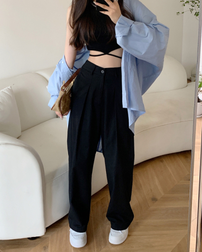 Actual shot of trousers, early autumn high-waisted straight trousers, Korean style loose, casual, versatile wide-leg work trousers