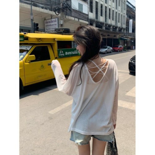 Cross back design sun protection long-sleeved T-shirt for women summer 2024 new versatile loose slightly see-through casual top