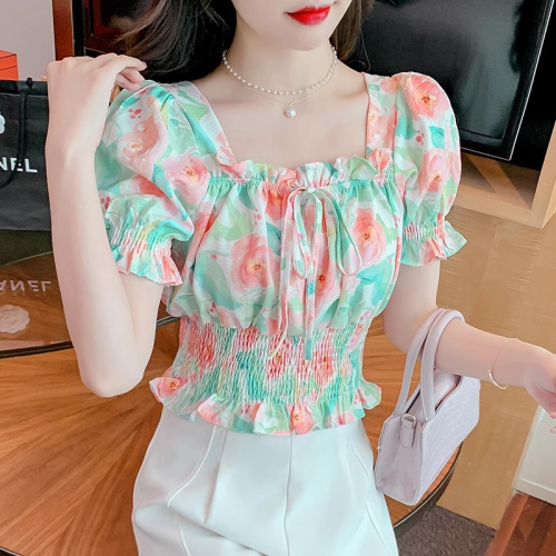 Original workmanship floral chiffon summer short-sleeved women's 2024 beautiful small shirt waist waist fashionable chic short top