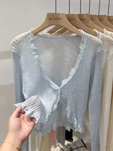 V-neck wood ear edge ice silk knitted sun protection open jacket for women, summer thin version, outerwear, matching with skirts, blazer, air-conditioned shirt