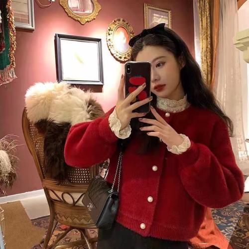 Red Pearl Button Cardigan Jacket Autumn and Winter New French Retro Versatile Women's Short Jacket