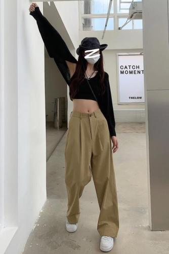 Actual shot of trousers, early autumn high-waisted straight trousers, Korean style loose, casual, versatile wide-leg work trousers