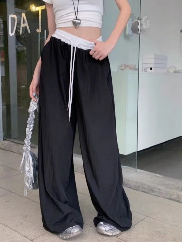 Internet celebrity 2024 spring and summer new style retro American splicing contrasting wide-legged loose casual thin trousers trend