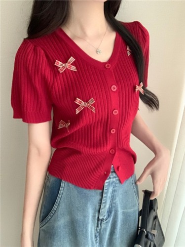 Real shot, real summer sweet bow-knot slimming short-sleeved knitted cardigan for women